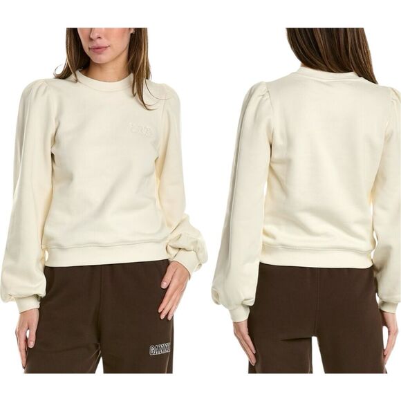 NWOT Ganni Puff Shoulder Cream Embroidered Logo Sweatshirt Sweater Women's L - Picture 1 of 11